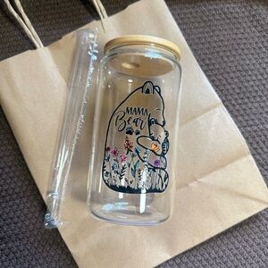 Mama Bear Floral 16oz Glass Tumbler with Straw & Lid